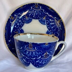 Lomonosov Imperial Porcelain Teacup & Saucer Cobalt Blue Lace Fan & Gilt Flowers